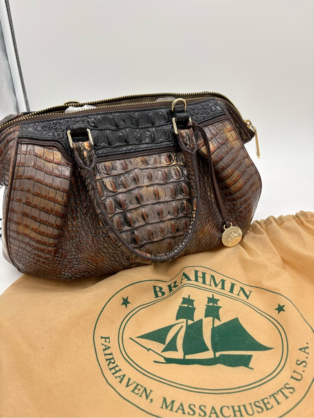Brahmin Croc Embossed Leather Satchel Brown Black Duxbury Style Bag
